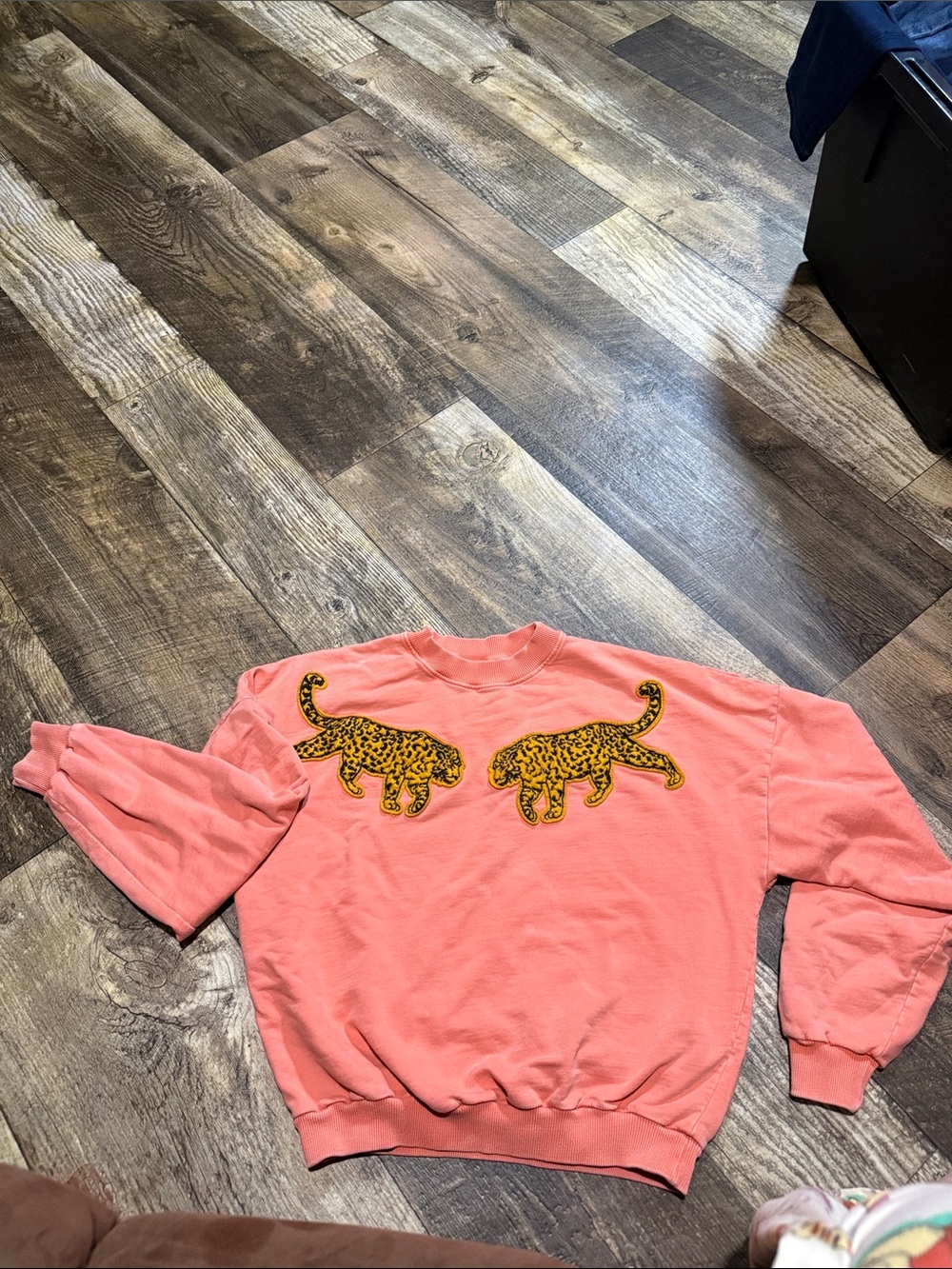 Coral Sweatshirt with Twin Leopard Appliqués